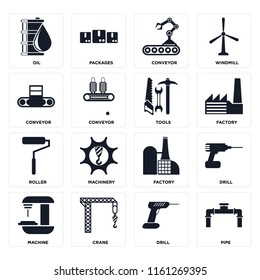 Set Of 16 icons such as Pipe, Drill, Crane, Machine, Oil, Conveyor, Roller, Tools, web UI editable icon pack, pixel perfect