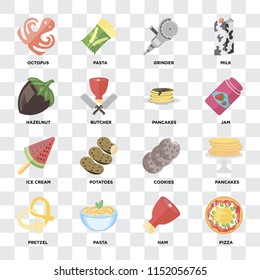 Set Of 16 icons such as Pizza, Ham, Pasta, Pretzel, Pancakes, Octopus, Hazelnut, Ice cream on transparent background, pixel perfect