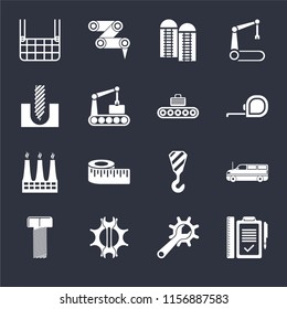 Set Of 16 Icons Such As Plan, Maintenance, Settings, Bolt, Cargo Truck, Elevator, Drill, Factory, Conveyor On Black Background, Web UI Editable Icon Pack