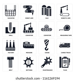 Set Of 16 Icons Such As Plan, Maintenance, Settings, Bolt, Cargo Truck, Elevator, Drill, Factory, Conveyor, Web UI Editable Icon Pack, Pixel Perfect