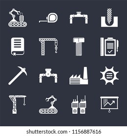 Set Of 16 icons such as Planning, Walkie talkie, Conveyor, Crane, Options, Book, Pick, Bolt on black background, web UI editable icon pack