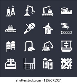 Set Of 16 icons such as Planning, Silo, Elevator, Machine press, Nuclear plant, Conveyor, Mill on black background, web UI editable icon pack