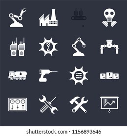 Set Of 16 icons such as Planning, Tools, Control panel, Packages, Robot arm, Walkie talkie, Tank truck, Robotic arm on black background, web UI editable icon pack