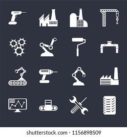 Set Of 16 icons such as Planning, Tools, Conveyor, Stock, Factory, Drill, Cogwheel, Roller on black background, web UI editable icon pack