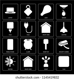 Set Of 16 icons such as Plug, Smart, Smart home, Heating, Security camera, Laptop, Mobile phone, web UI editable icon pack, pixel perfect