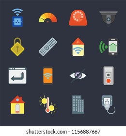 Set Of 16 icons such as Plug, Smart home, Temperature, Home, Intercom, Socket, Locking, Browser, Automation on black background, web UI editable icon pack