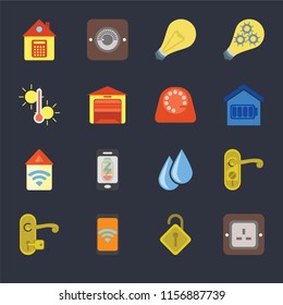 Set Of 16 icons such as Plug, Locked, Mobile, Handle, Doorknob, Home, Temperature, Automation, Dial on black background, web UI editable icon pack