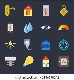 Set Of 16 icons such as Plug, Smart home, Light, Air conditioner, Power, Doorknob, Mobile phone, Blind on black background, web UI editable icon pack