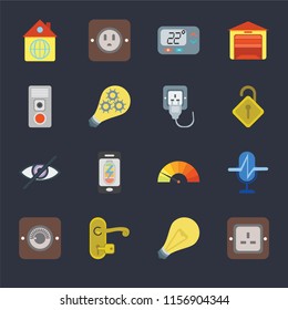 Set Of 16 icons such as Plug, Light, Handle, Dimmer, Voice control, Home, Intercom, Blind, Plug on black background, web UI editable icon pack