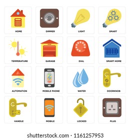 Set Of 16 icons such as Plug, Locked, Mobile, Handle, Doorknob, Home, Temperature, Automation, Dial, web UI editable icon pack, pixel perfect