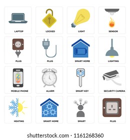 Set Of 16 icons such as Plug, Smart, Smart home, Heating, Security camera, Laptop, Mobile phone, web UI editable icon pack, pixel perfect