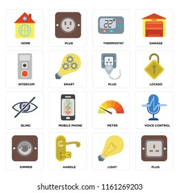 Set Of 16 icons such as Plug, Light, Handle, Dimmer, Voice control, Home, Intercom, Blind, web UI editable icon pack, pixel perfect