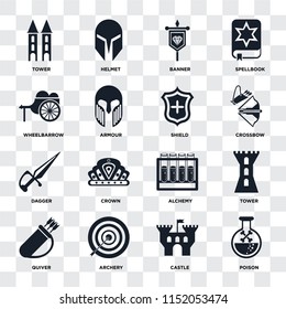 Set Of 16 icons such as Poison, Castle, Archery, Quiver, Tower, Wheelbarrow, Dagger, Shield on transparent background, pixel perfect