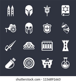 Set Of 16 icons such as Poison, Castle, Archery, Quiver, Tower, Wheelbarrow, Dagger, Shield on black background, web UI editable icon pack