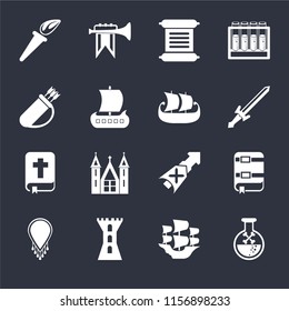 Set Of 16 icons such as Poison, Caravel, Tower, Necklace, Book, Torch, Quiver, Bible, Ship on black background, web UI editable icon pack
