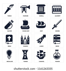 Set Of 16 icons such as Poison, Caravel, Tower, Necklace, Book, Torch, Quiver, Bible, Ship, web UI editable icon pack, pixel perfect