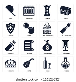Set Of 16 icons such as Poison, Wine, Lute, Crown, Standard, Hat, Shield, Quiver, Stained glass, web UI editable icon pack, pixel perfect
