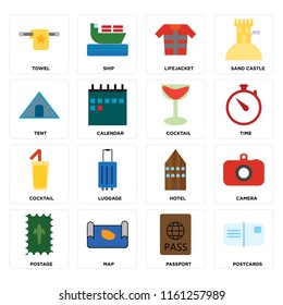 Set Of 16 icons such as Postcards, Passport, Map, Postage, Camera, Towel, Tent, Cocktail, web UI editable icon pack, pixel perfect