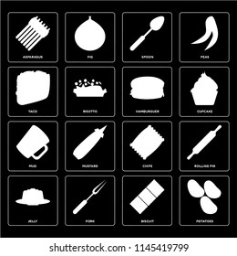 Set Of 16 icons such as Potatoes, Biscuit, Fork, Jelly, Rolling pin, Asparagus, Taco, Mug, Hamburguer, web UI editable icon pack, pixel perfect