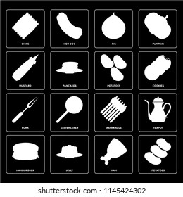 Set Of 16 icons such as Potatoes, Ham, Jelly, Hamburguer, Teapot, Chips, Mustard, Fork, web UI editable icon pack, pixel perfect