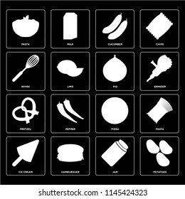 Set Of 16 icons such as Potatoes, Jam, Hamburguer, Ice cream, Pasta, Whisk, Pretzel, Fig, web UI editable icon pack, pixel perfect