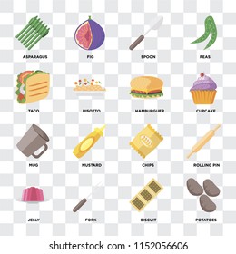 Set Of 16 icons such as Potatoes, Biscuit, Fork, Jelly, Rolling pin, Asparagus, Taco, Mug, Hamburguer on transparent background, pixel perfect