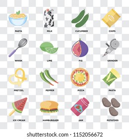 Set Of 16 icons such as Potatoes, Jam, Hamburguer, Ice cream, Pasta, Whisk, Pretzel, Fig on transparent background, pixel perfect