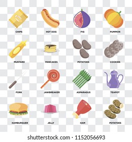 Set Of 16 icons such as Potatoes, Ham, Jelly, Hamburguer, Teapot, Chips, Mustard, Fork on transparent background, pixel perfect