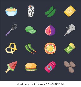 Set Of 16 icons such as Potatoes, Jam, Hamburguer, Ice cream, Pasta, Whisk, Pretzel, Fig on black background, web UI editable icon pack