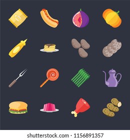 Set Of 16 icons such as Potatoes, Ham, Jelly, Hamburguer, Teapot, Chips, Mustard, Fork, Potatoes on black background, web UI editable icon pack