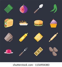 Set Of 16 icons such as Potatoes, Biscuit, Fork, Jelly, Rolling pin, Asparagus, Taco, Mug, Hamburguer on black background, web UI editable icon pack