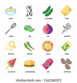 Set Of 16 icons such as Potatoes, Jam, Hamburguer, Ice cream, Pasta, Whisk, Pretzel, Fig, web UI editable icon pack, pixel perfect