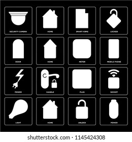 Set Of 16 icons such as Power, Unlock, Home, Light, Socket, Security camera, Door, Meter, web UI editable icon pack, pixel perfect