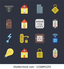 Set Of 16 icons such as Power, Unlock, Home, Light, Socket, Security camera, Door, Meter on black background, web UI editable icon pack