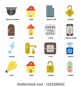 Set Of 16 icons such as Power, Unlock, Home, Light, Socket, Security camera, Door, Meter, web UI editable icon pack, pixel perfect