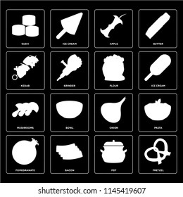 Set Of 16 icons such as Pretzel, Pot, Bacon, Pomegranate, Pasta, Sushi, Kebab, Mushrooms, Flour, web UI editable icon pack, pixel perfect