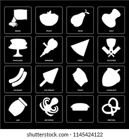 Set Of 16 icons such as Pretzel, Pie, Octopus, Jam, Hazelnut, Seeds, Pancakes, Sausage, Pizza, web UI editable icon pack, pixel perfect