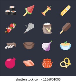 Set Of 16 icons such as Pretzel, Pot, Bacon, Pomegranate, Pasta, Sushi, Kebab, Mushrooms, Flour on black background, web UI editable icon pack