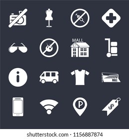 Set Of 16 icons such as Price, Parking, Wifi, Smartphone, Mall, No camera, Glasses, Information, Mall on black background, web UI editable icon pack