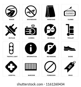 Set Of 16 icons such as Price, Forbidden, Barcode, Hospital, Shoes, Roads, No plug, Traffic light, drugs, web UI editable icon pack, pixel perfect