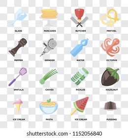 Set Of 16 icons such as Pudding, Ice cream, Pasta, Hazelnut, Glass, Pepper, Spatula, Water on transparent background, pixel perfect