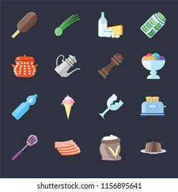 Set Of 16 icons such as Pudding, Flour, Bacon, Spatula, Toaster, Ice cream, Pot, Water, Pepper on black background, web UI editable icon pack