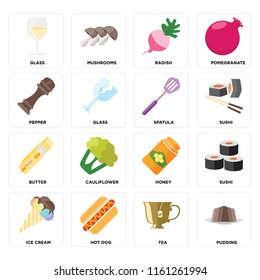 Set Of 16 icons such as Pudding, Tea, Hot dog, Ice cream, Sushi, Glass, Pepper, Butter, Spatula, web UI editable icon pack, pixel perfect