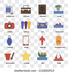 Set Of 16 icons such as Purse, Ship, Starfish, Sand bucket, Sun protection, Oxygen tank, Camera, Luggage, Map on transparent background, pixel perfect