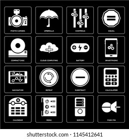 Set Of 16 icons such as Push pin, Server, Menu, Calendar, Calculator, Photo camera, Compact disc, Navigation, Battery, web UI editable icon pack, pixel perfect