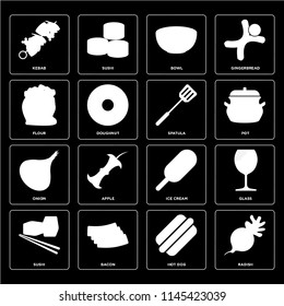 Set Of 16 icons such as Radish, Hot dog, Bacon, Sushi, Glass, Kebab, Flour, Onion, Spatula, web UI editable icon pack, pixel perfect