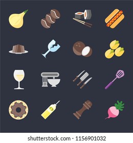 Set Of 16 icons such as Radish, Pepper, Oil, Doughnut, Spatula, Onion, Pudding, Glass, Coconut on black background, web UI editable icon pack