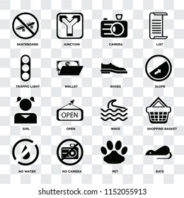 Set Of 16 icons such as Rats, Pet, No camera, water, Shopping basket, Skateboard, Traffic light, Girl, Shoes on transparent background, pixel perfect