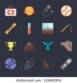 Set Of 16 icons such as Razor, Cat, Leash, Tennis, Dog, First aid, Rope, Trophy, Terrarium on black background, web UI editable icon pack