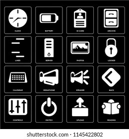 Set Of 16 icons such as Reading, Upload, Switch, Controls, Back, Clock, Lines, Calendar, Photos, web UI editable icon pack, pixel perfect